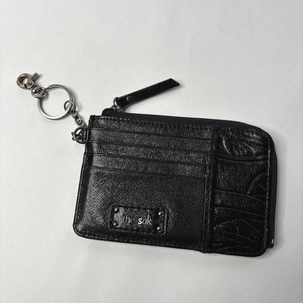 The Sak Black Leather Zip Card Holder Keychain Wallet ID Window Embossed Leaf